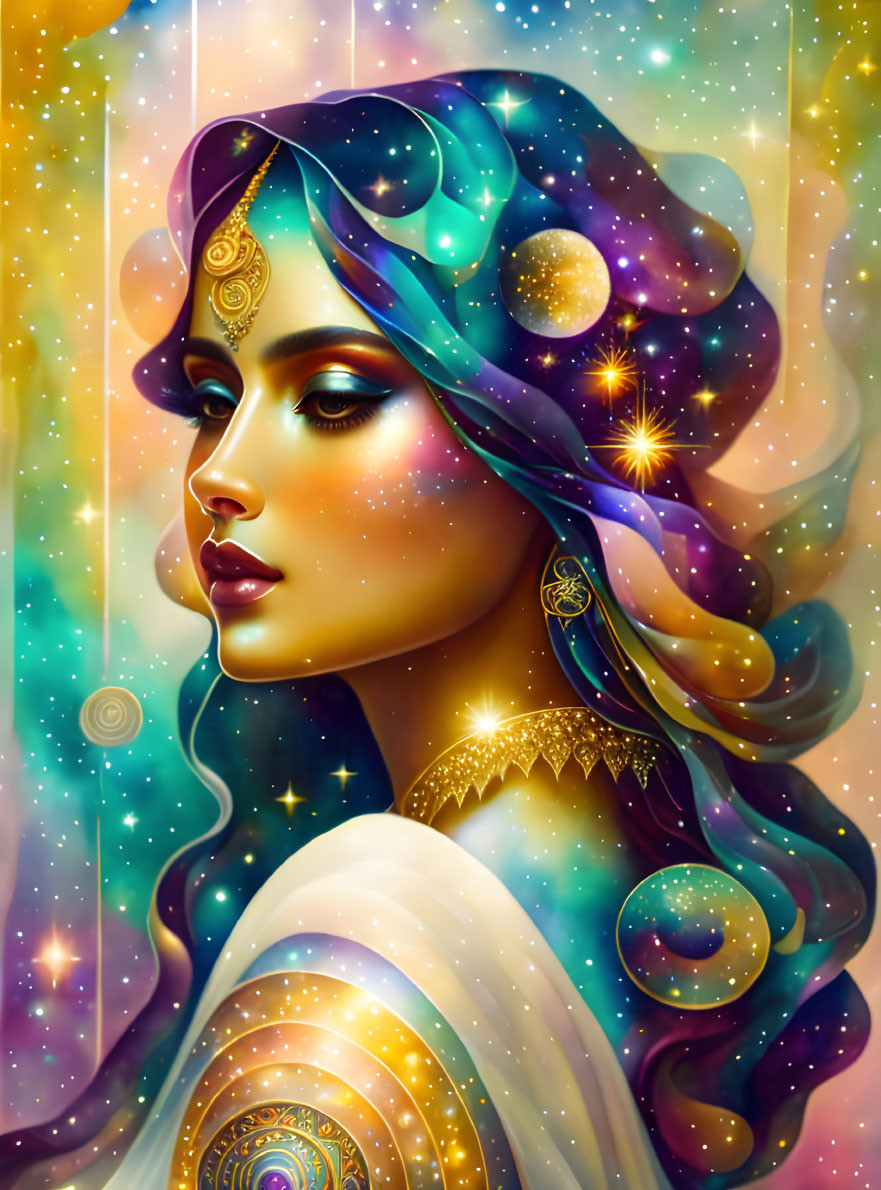 Celestial-themed woman with vibrant colors and cosmic patterns