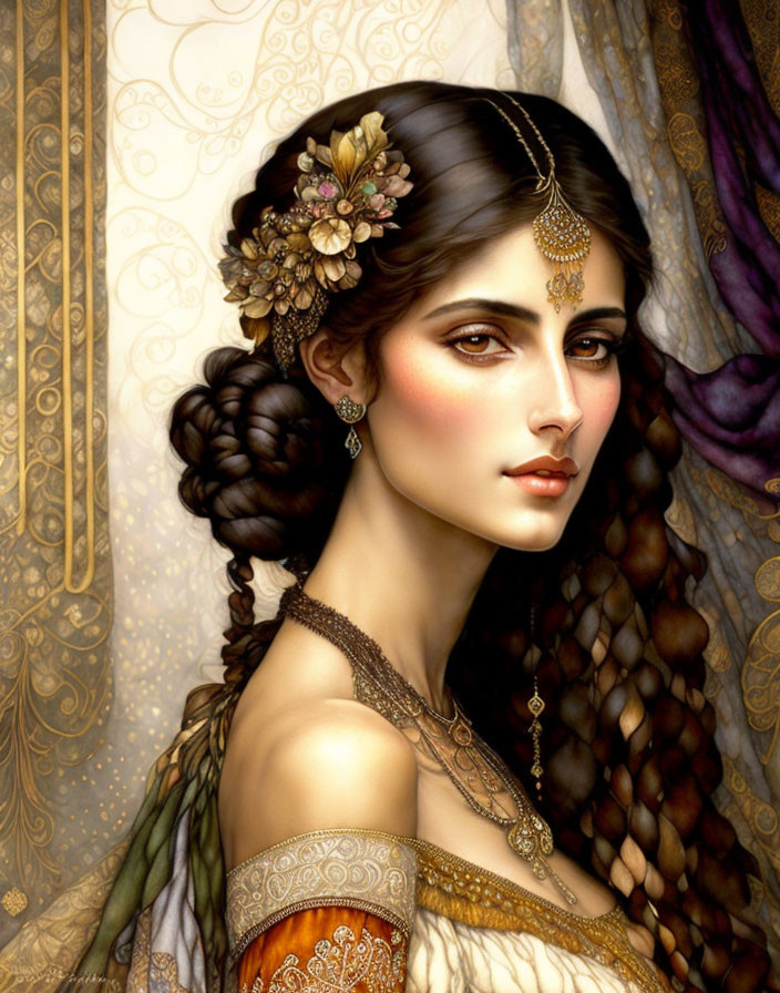 Intricate braids and golden patterns on regal woman illustration