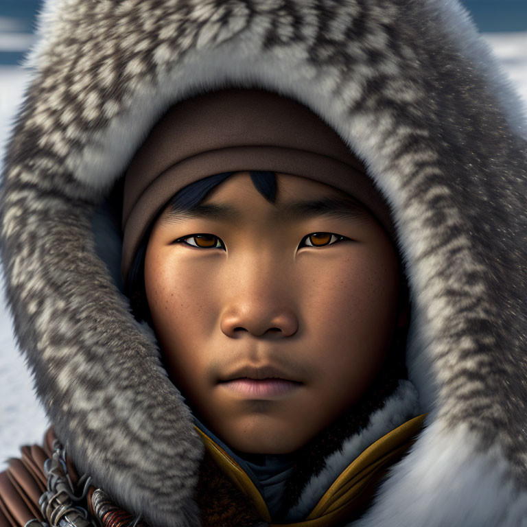 Child with East Asian features in fur-trimmed parka hood gazes forward