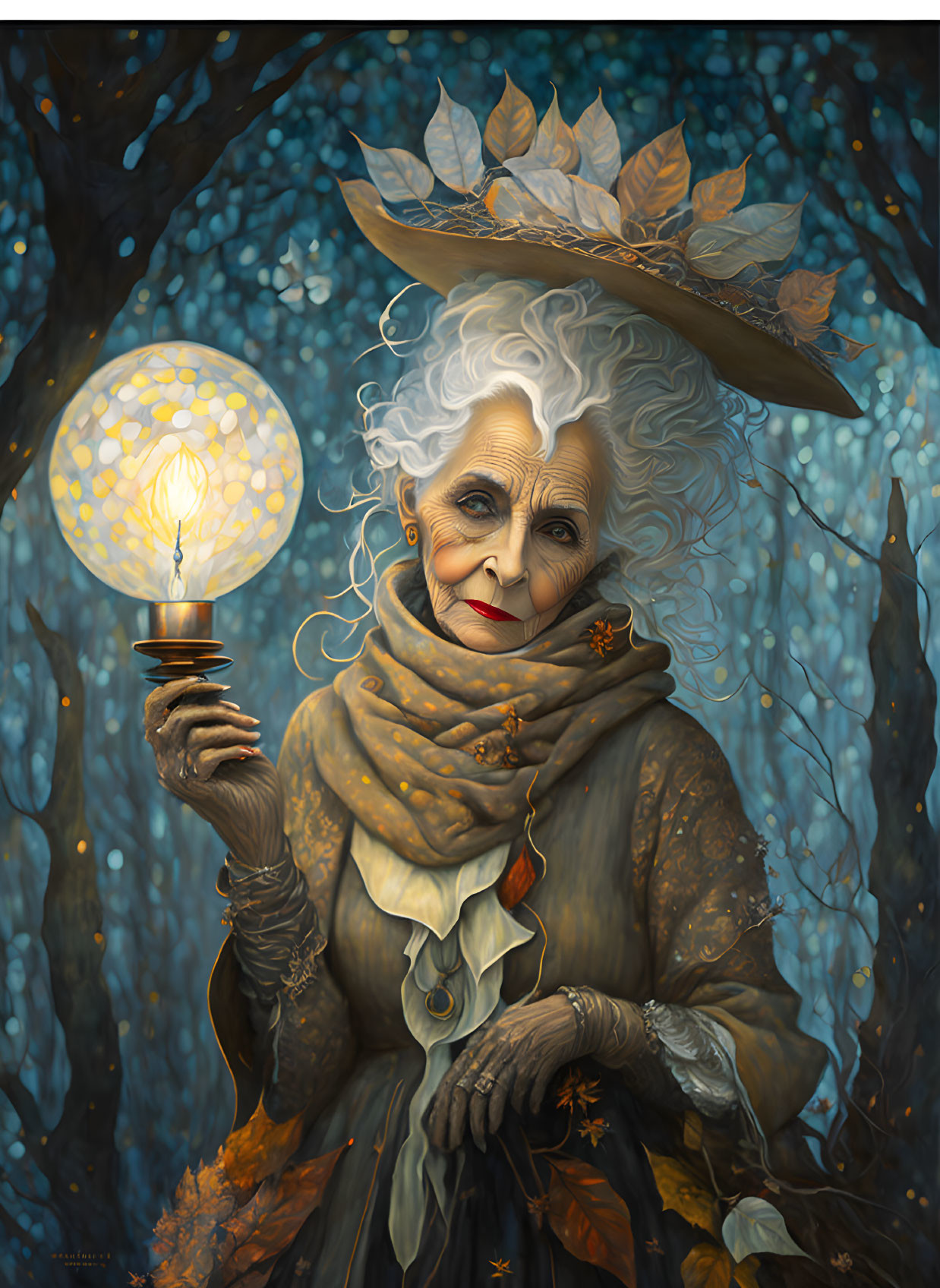 White-Haired Elderly Woman with Glowing Orb in Blue Forest