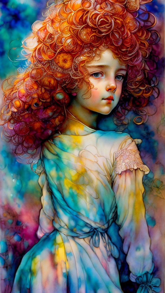 Vibrant illustration of girl with red curly hair in blue dress