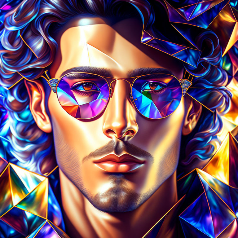 Colorful digital portrait of a man with reflective skin, curly hair, geometric patterns, and rainbow glasses