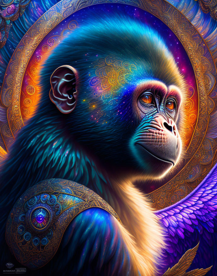 Vibrant psychedelic digital artwork of a blue and purple mandrill