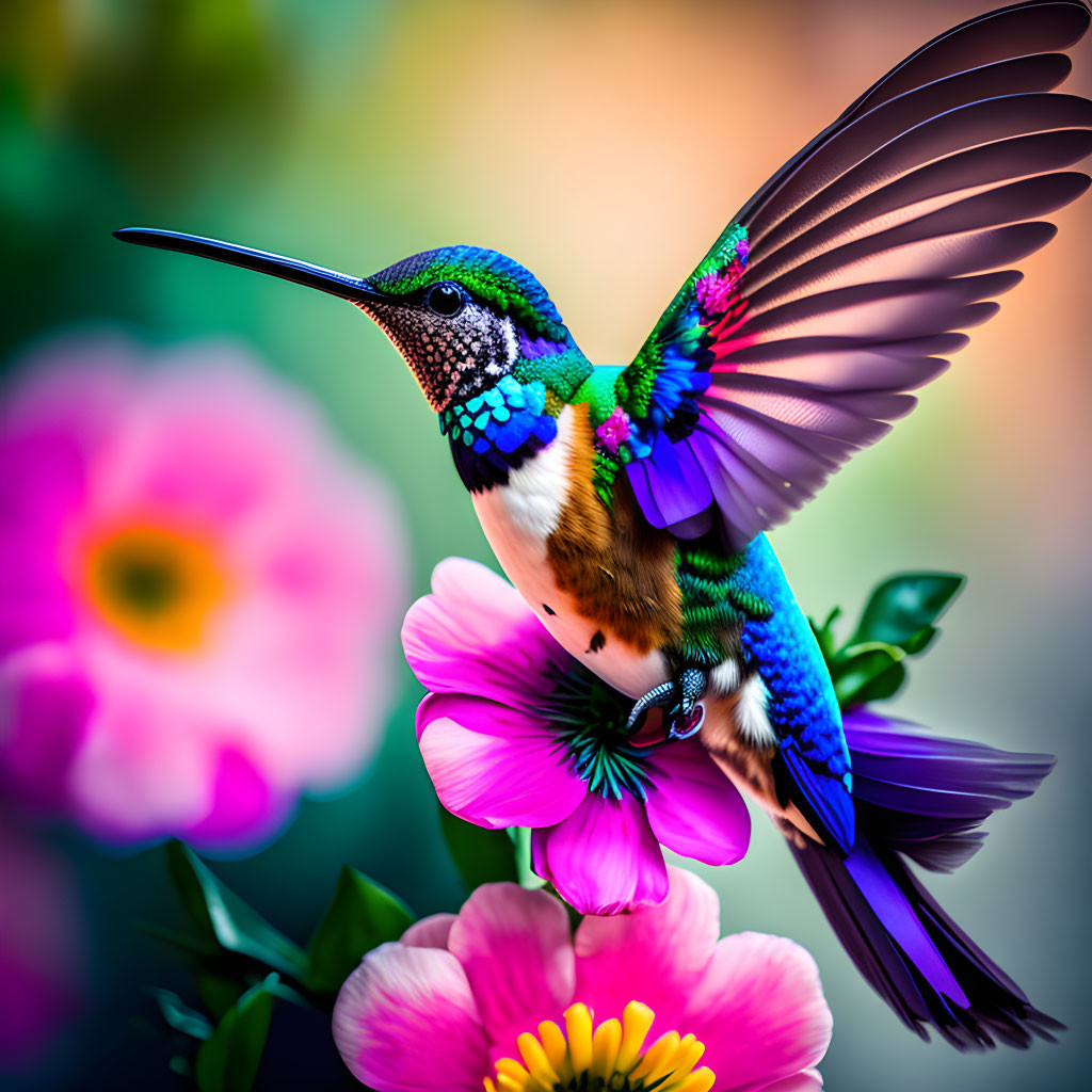 Colorful hummingbird in motion over pink flowers on soft background