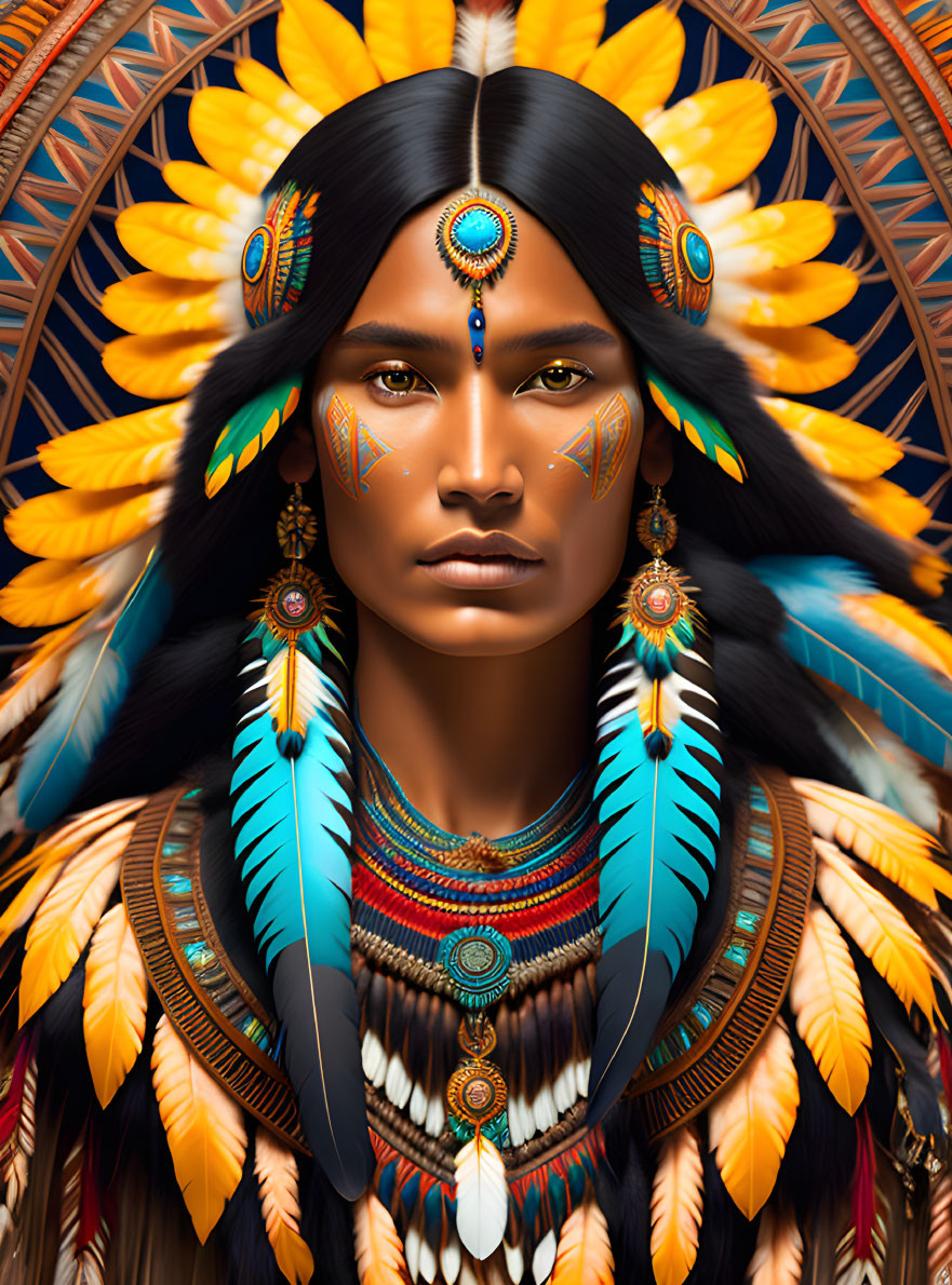 Detailed Native American headdress with feathers, beadwork, and face paint