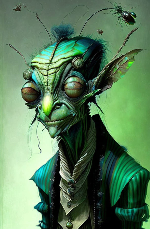 Fantastical creature with large eyes, antennae, green skin, and elegant attire