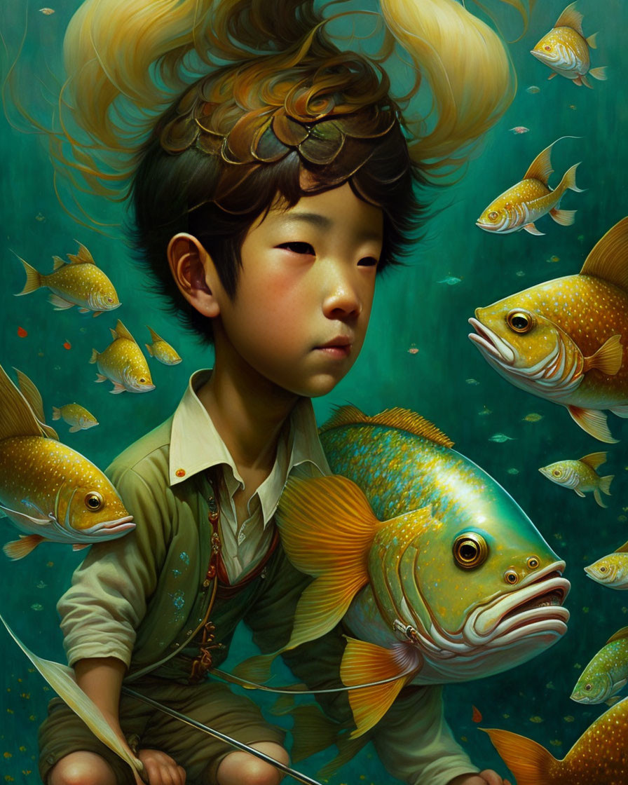 Vividly colored fish surround young boy with elaborate hairstyle