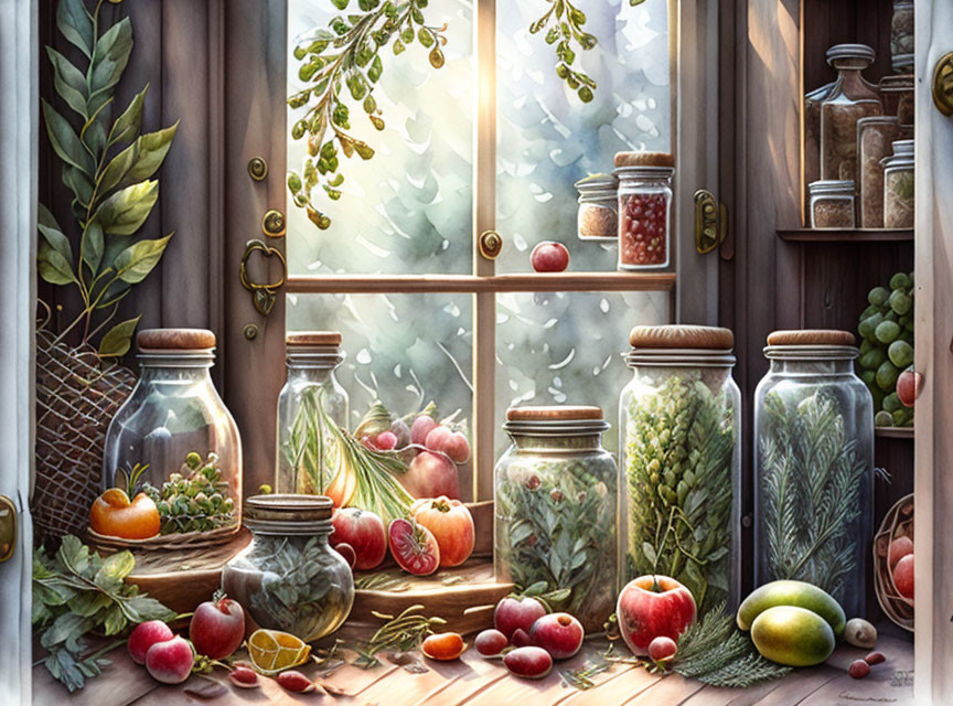 Window Sill Decor with Herbs, Spices, Fruits & Greenery