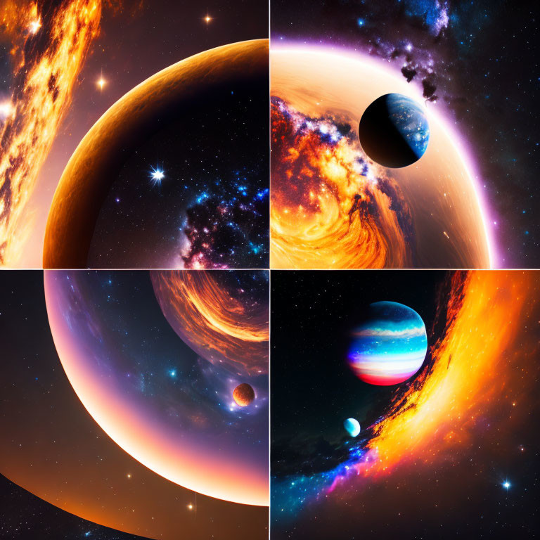 Vibrant cosmic scenes with planets, starry space backdrops, nebulae, and celestial