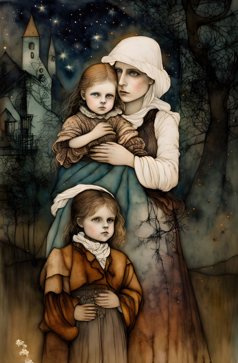 Illustration of woman with children in twilight setting