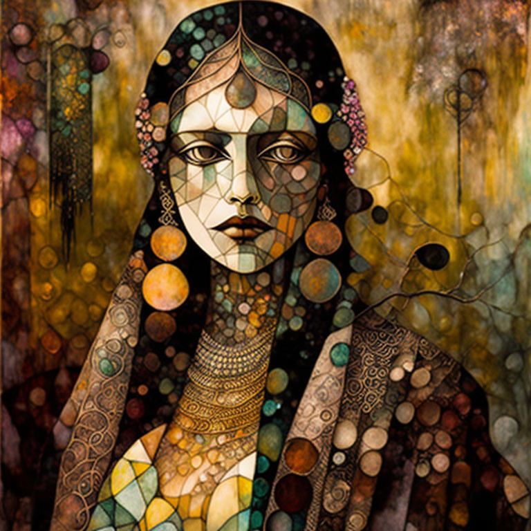 Abstract portrait of a woman with decorative patterns and warm colors