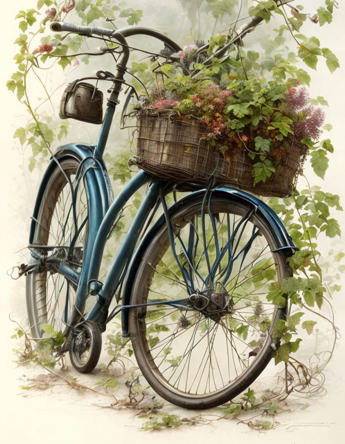 Vintage blue bicycle with wicker basket and flowers against lush green backdrop