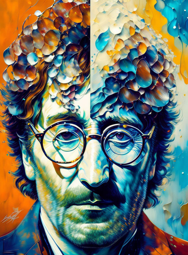 Colorful Portrait of Man with Curly Hair and Round Glasses