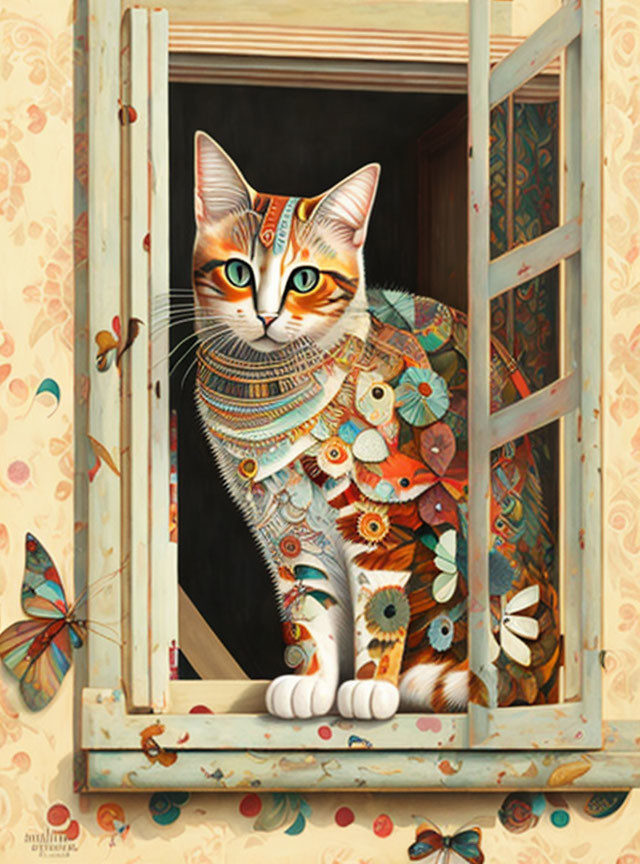 Colorful patterned cat with floral and geometric designs in open window surrounded by butterflies on textured beige background