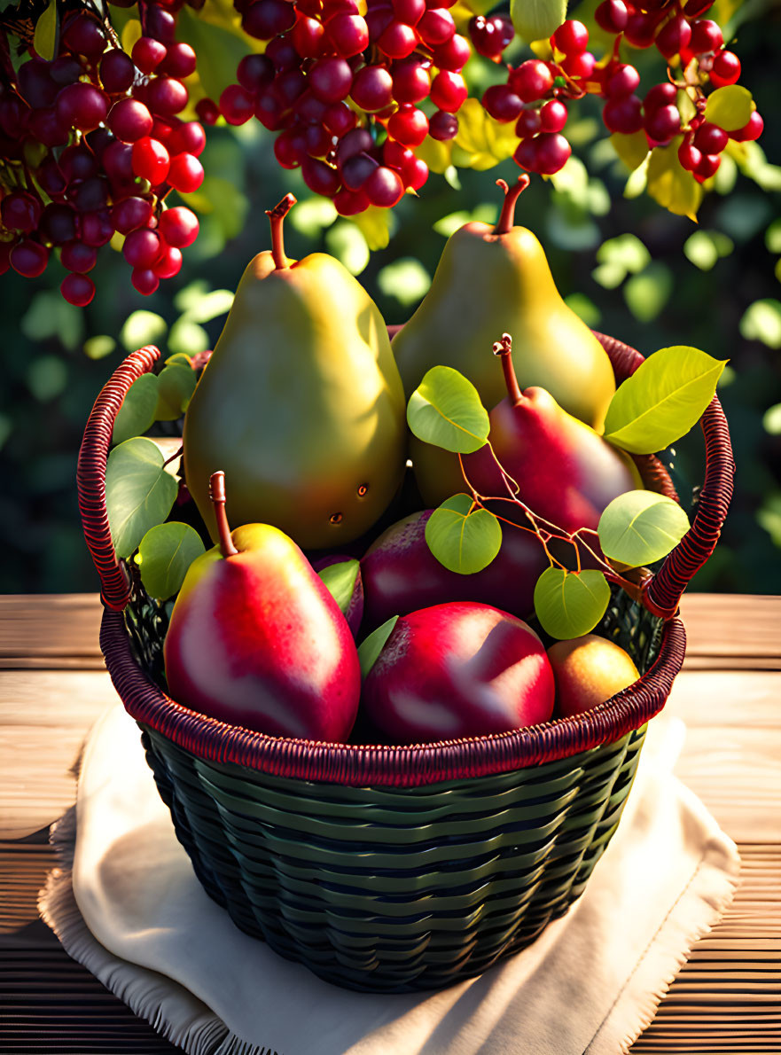 Fresh fruits in wicker basket on wooden table with grapes in background