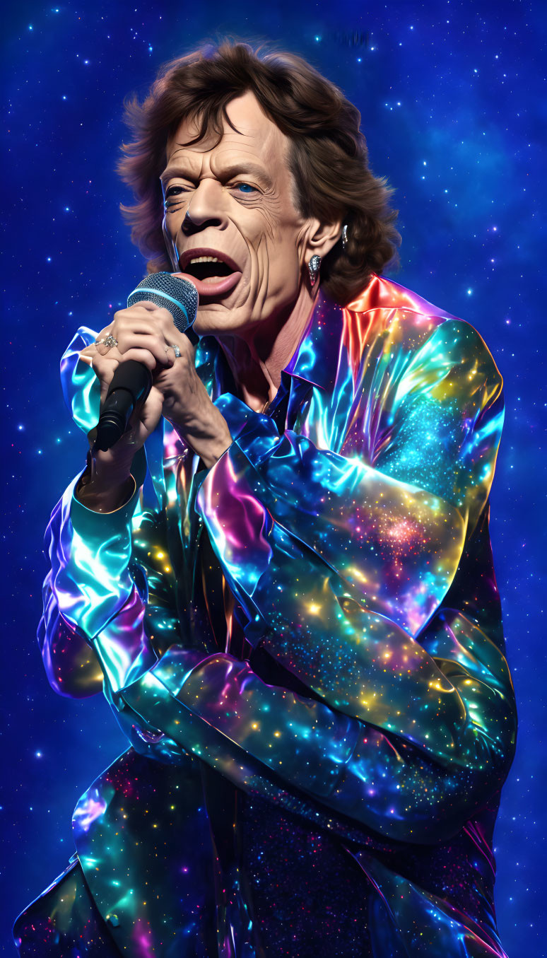 Colorful holographic jacket on male singer in digital artwork