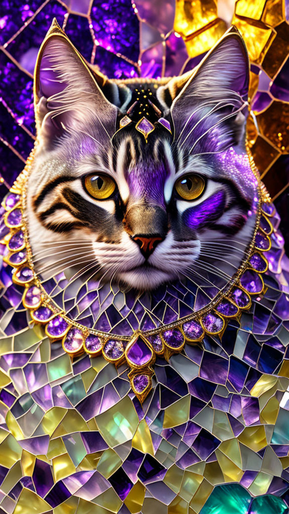 Colorful anthropomorphized regal cat with amethyst eyes in ornate artwork