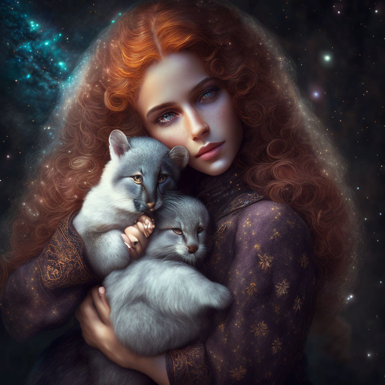 Curly Red-Haired Woman Holding Grey Kittens in Starry Setting