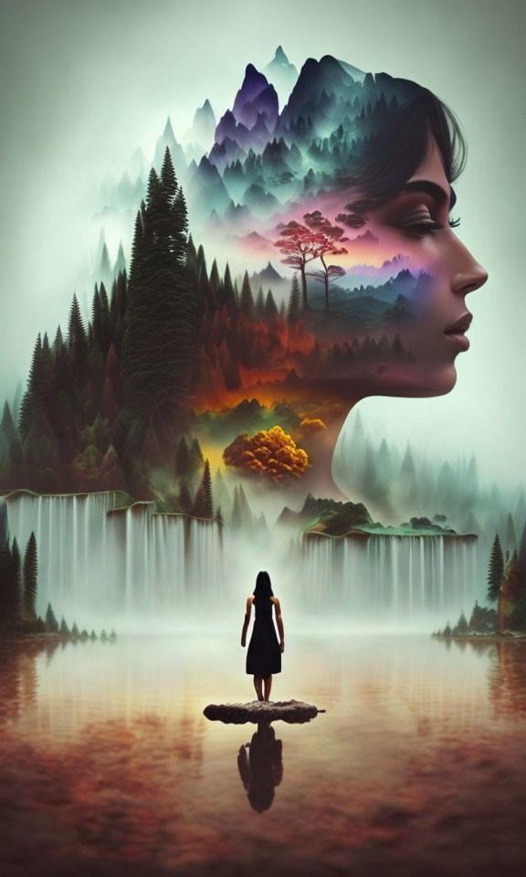 Woman's profile in serene landscape with mountains, forests, and waterfalls