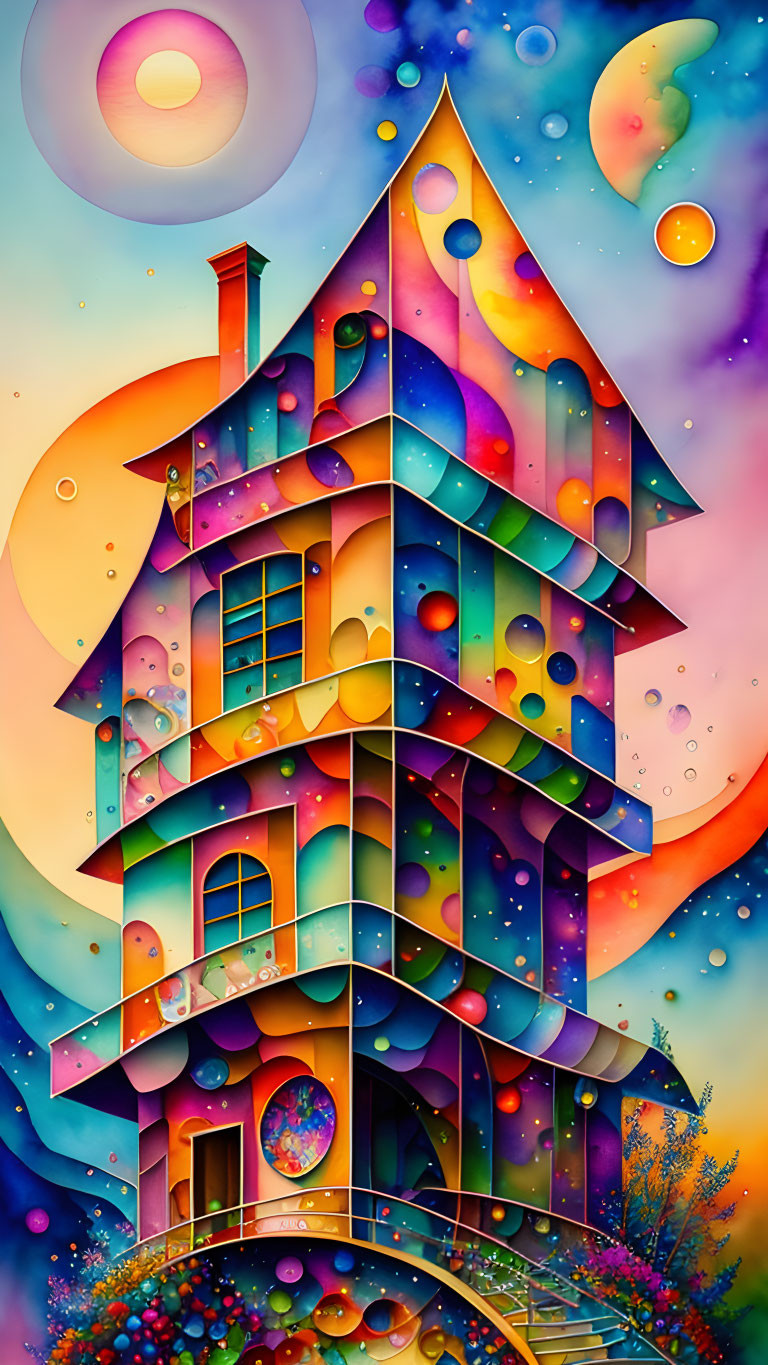 Colorful whimsical multi-story house illustration with celestial bodies and bubbles on gradient sky.