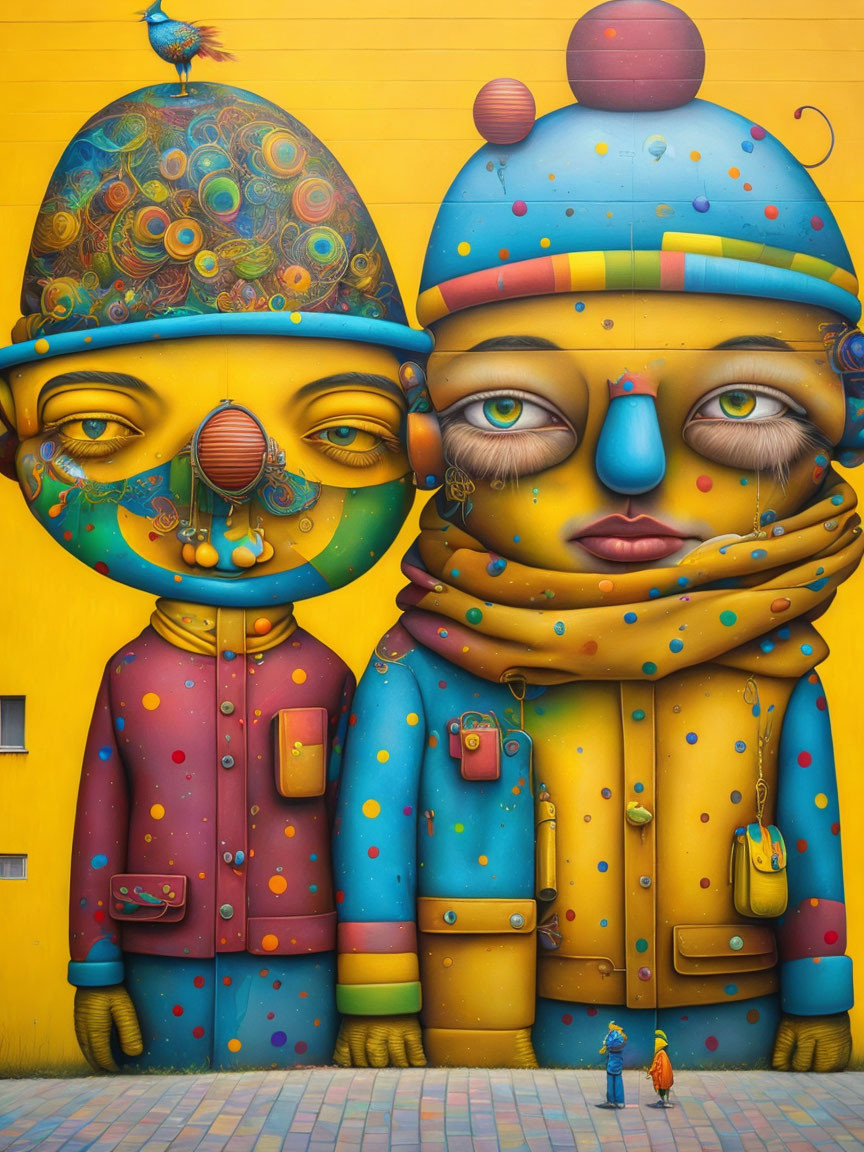 Colorful Street Art Mural Featuring Oversized Characters and Real Person