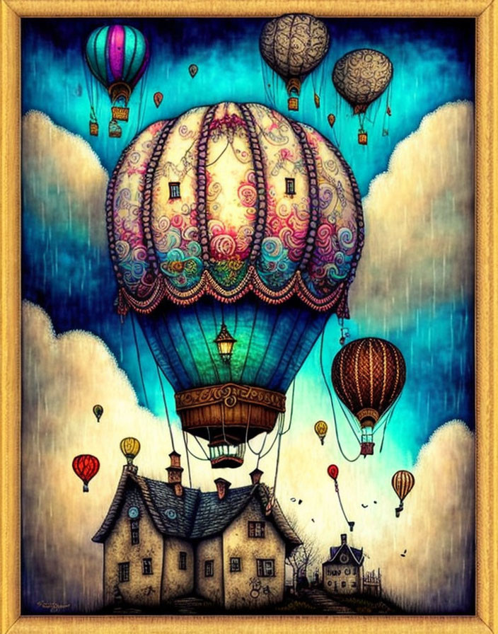 Colorful hot air balloons over quaint houses in dreamy sky