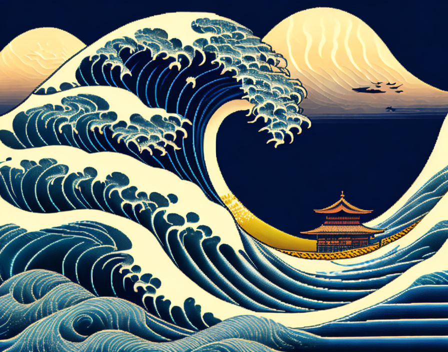 Traditional Japanese Scene with Stylized Waves, Red Sun, and Pagoda