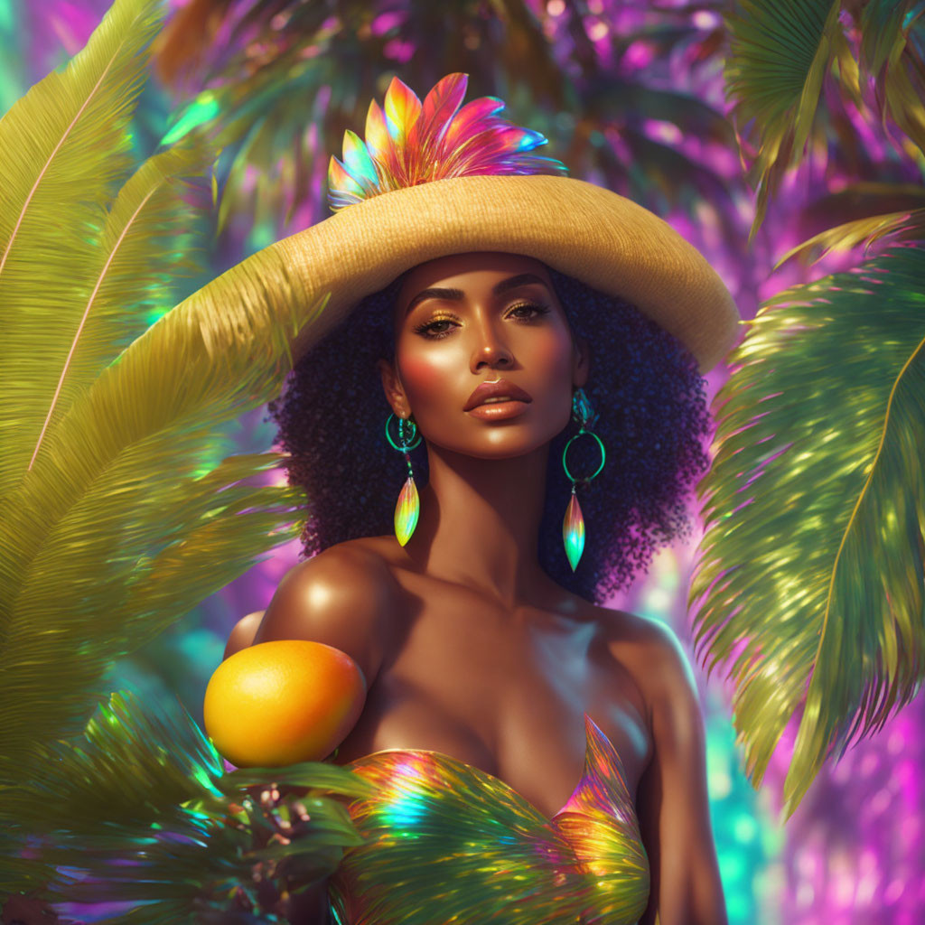 Woman in broad-brimmed hat holding orange in lush tropical setting