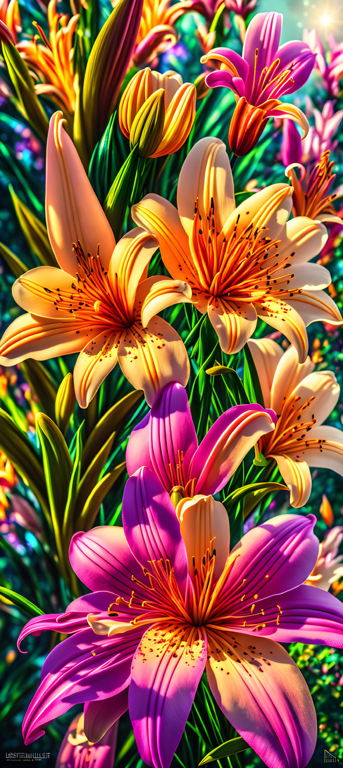 Colorful blooming lilies with pink and orange hues and prominent stamens on a lush green