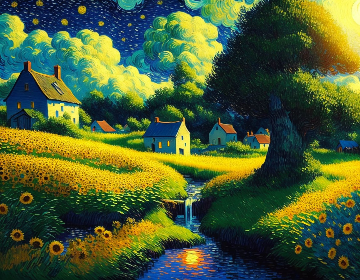 Colorful painting of starry night, sunflowers, waterfall, houses, and tree