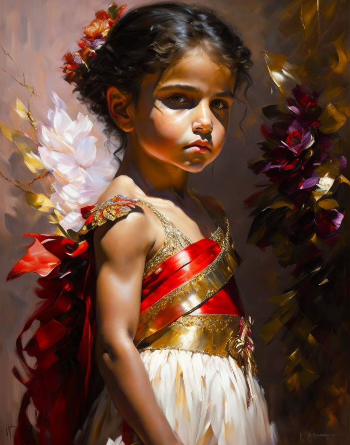 Young girl with angel wings in golden dress surrounded by vibrant flowers