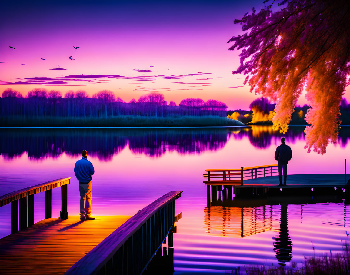 Scenic sunset with purple and pink hues over calm lake