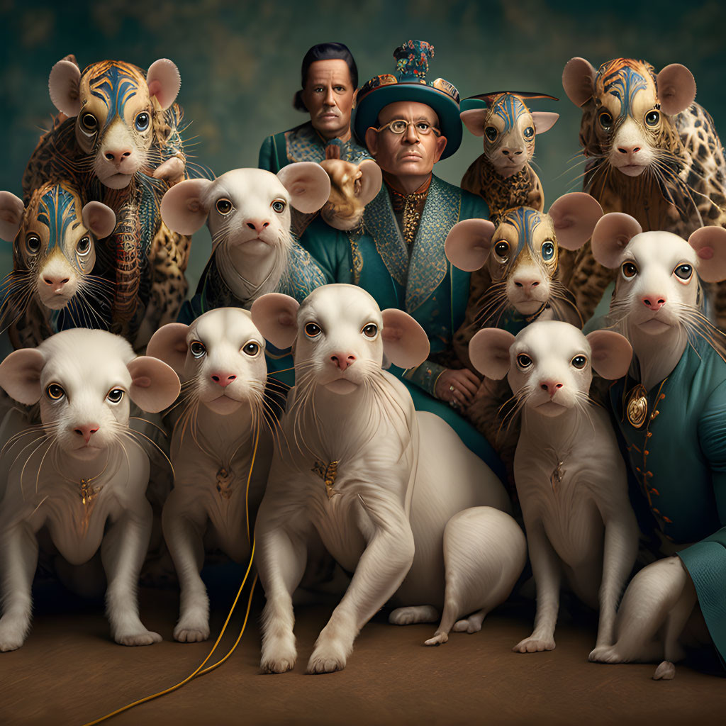 Surreal portrait of man in blue with anthropomorphic animals in royal attire