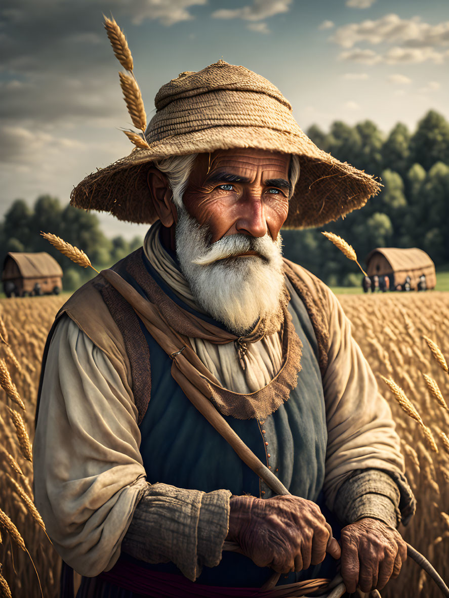 Elderly Bearded Farmer in Golden Wheat Field