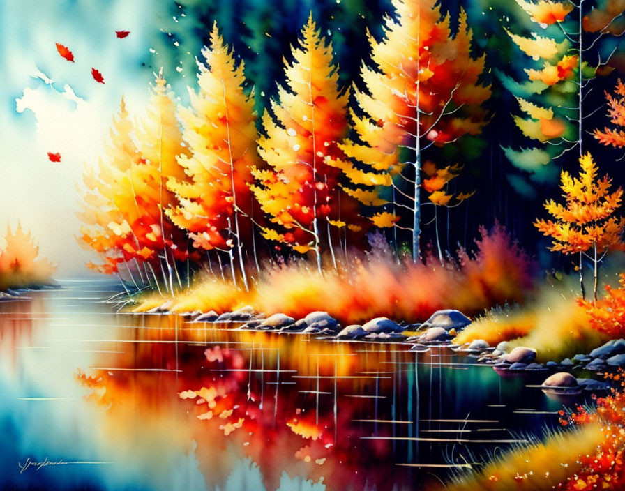 Colorful Watercolor Painting of Autumnal Forest and Reflective Lake