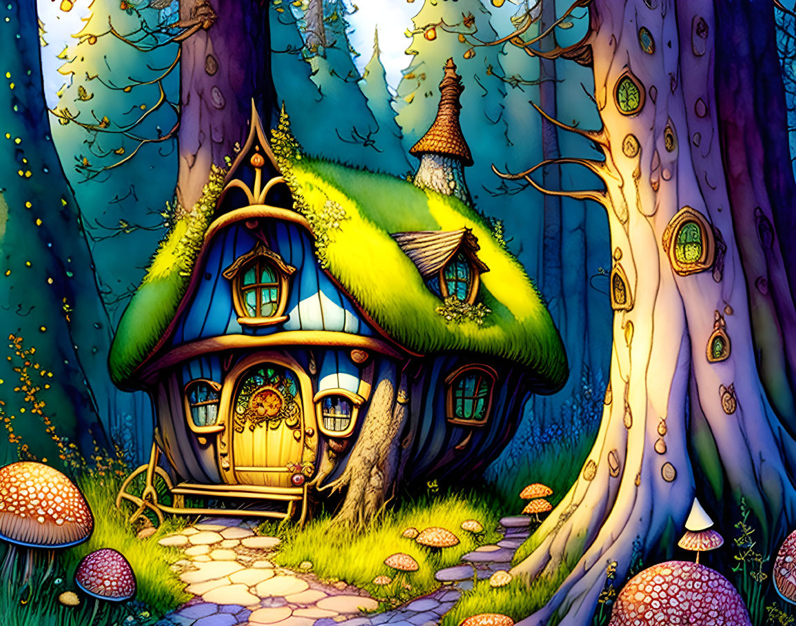 Whimsical mushroom-shaped fairy-tale cottage in a magical forest at twilight