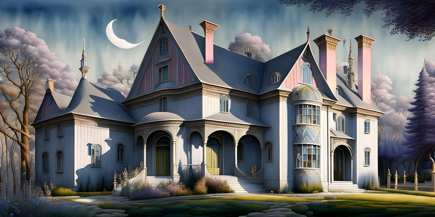 Victorian-style mansion at twilight with crescent moon, trees, and manicured lawn