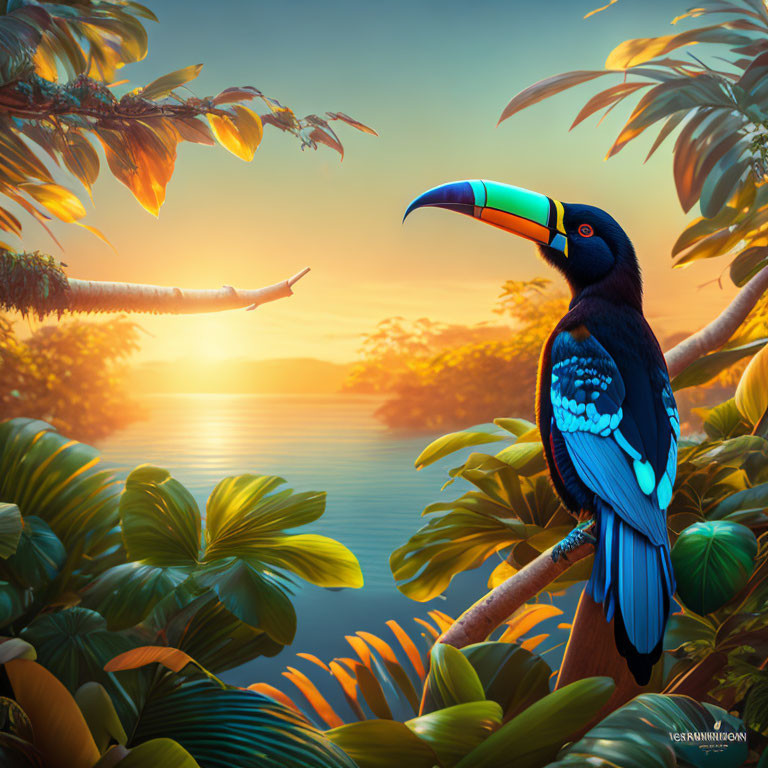 Colorful toucan on branch with sunset over lake