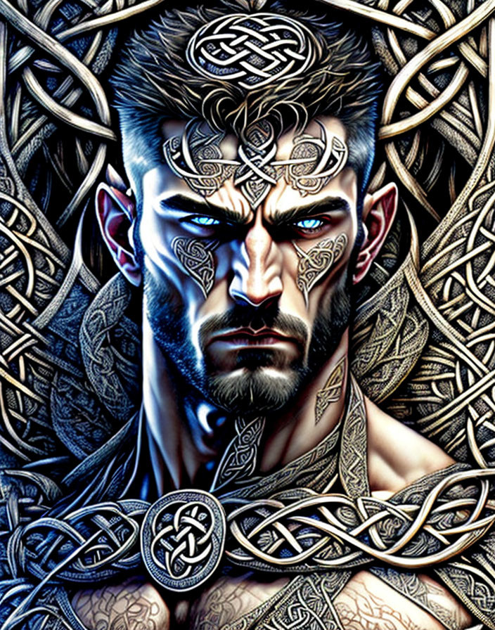 Detailed Celtic Knot Man Illustration with Intense Eyes