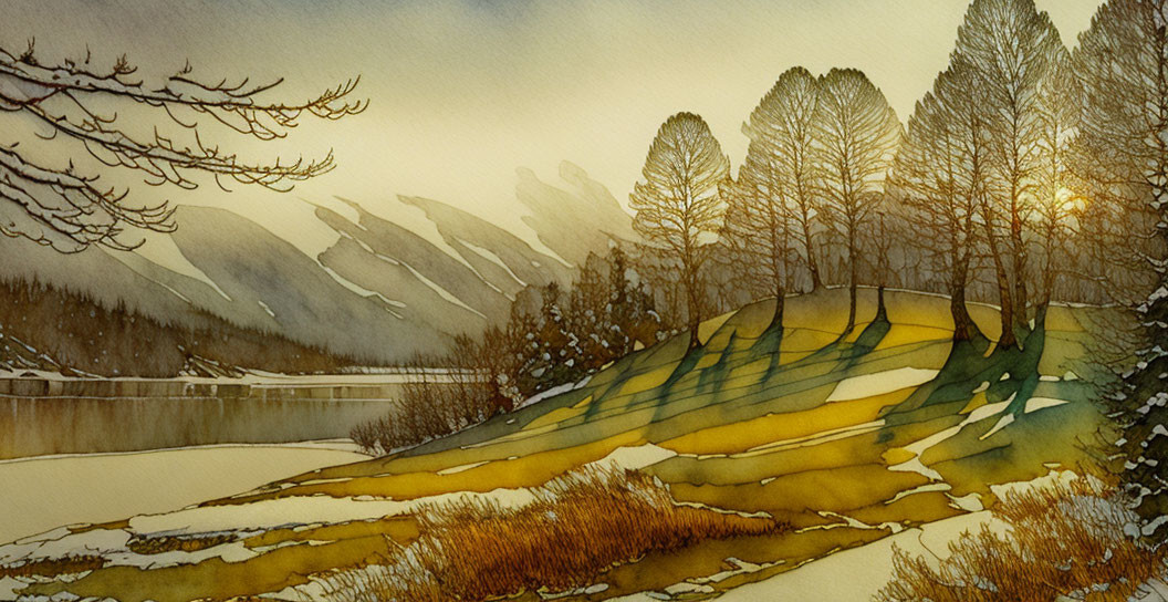 Snowy landscape watercolor painting: serene sunset over bare trees & mountains