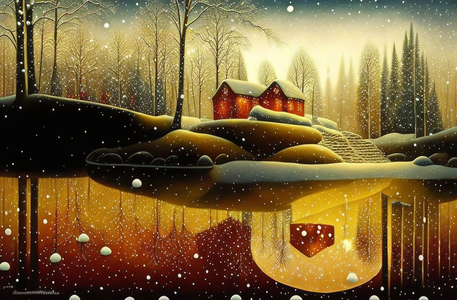 Winter night scene: snow-covered landscape with cottages, river bridge, and starlit sky.