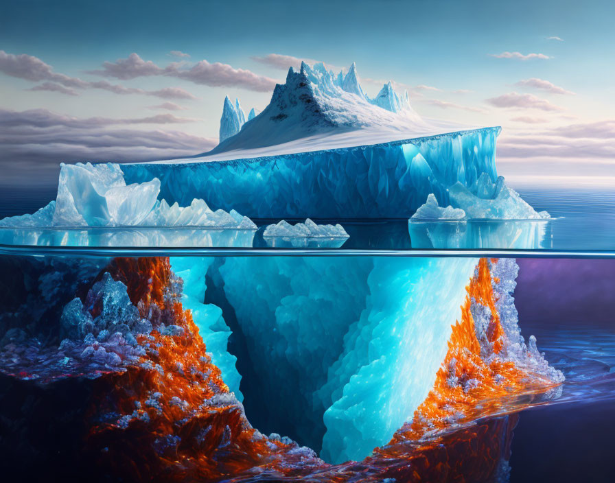 Iceberg with Submerged Orange Glow in Blue Seascape