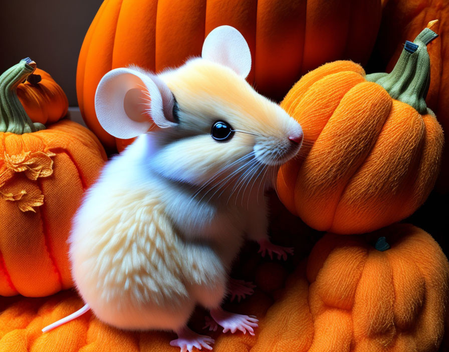 Anthropomorphized Mouse Among Orange Pumpkins