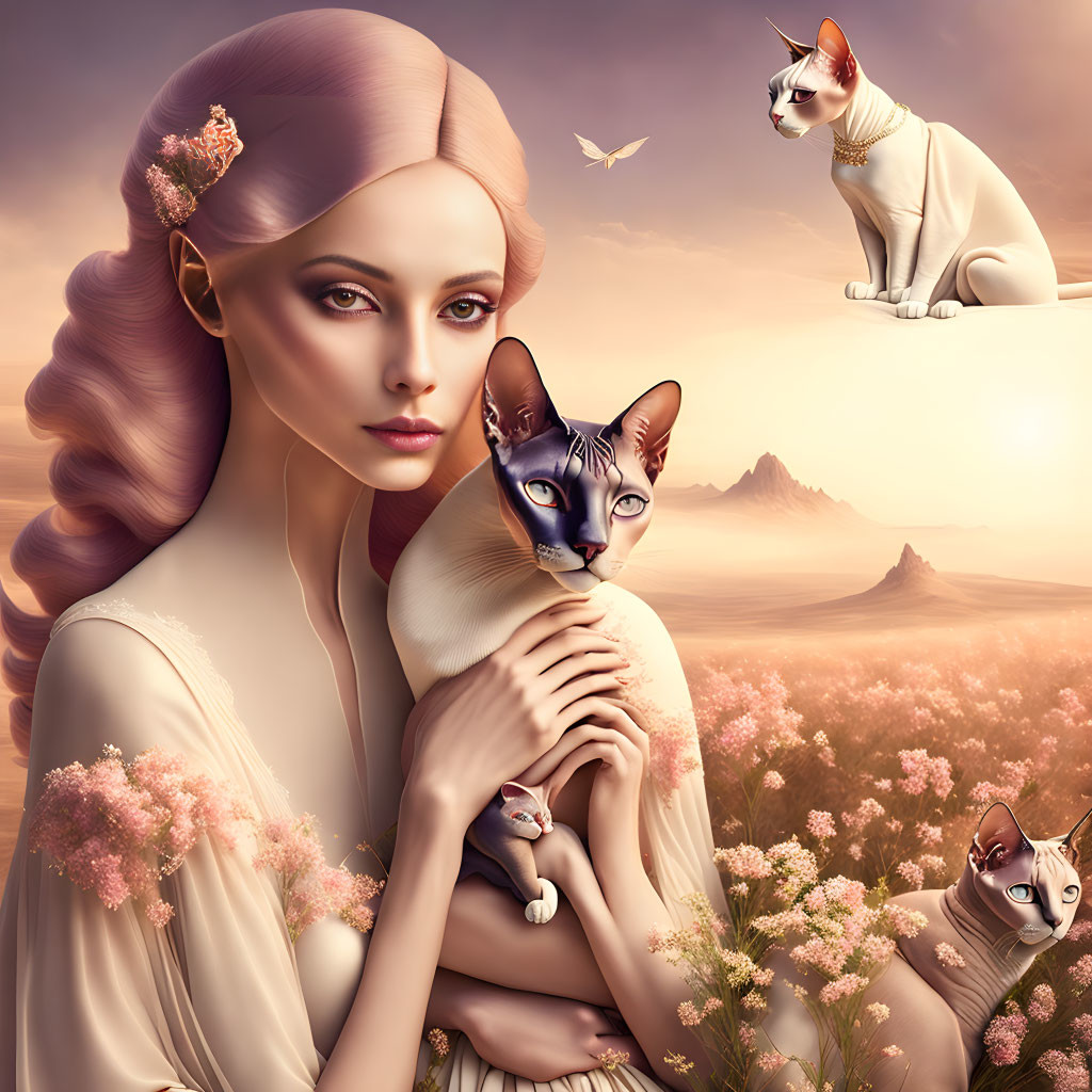 Illustration of woman with Siamese cat and flowers.