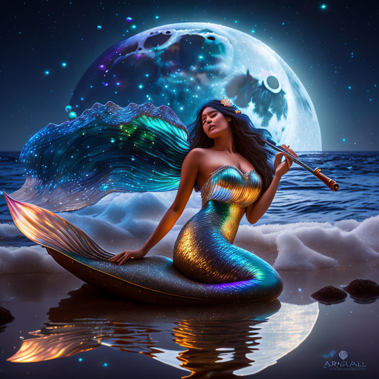 Mermaid with shiny tail playing flute under moonlit sky