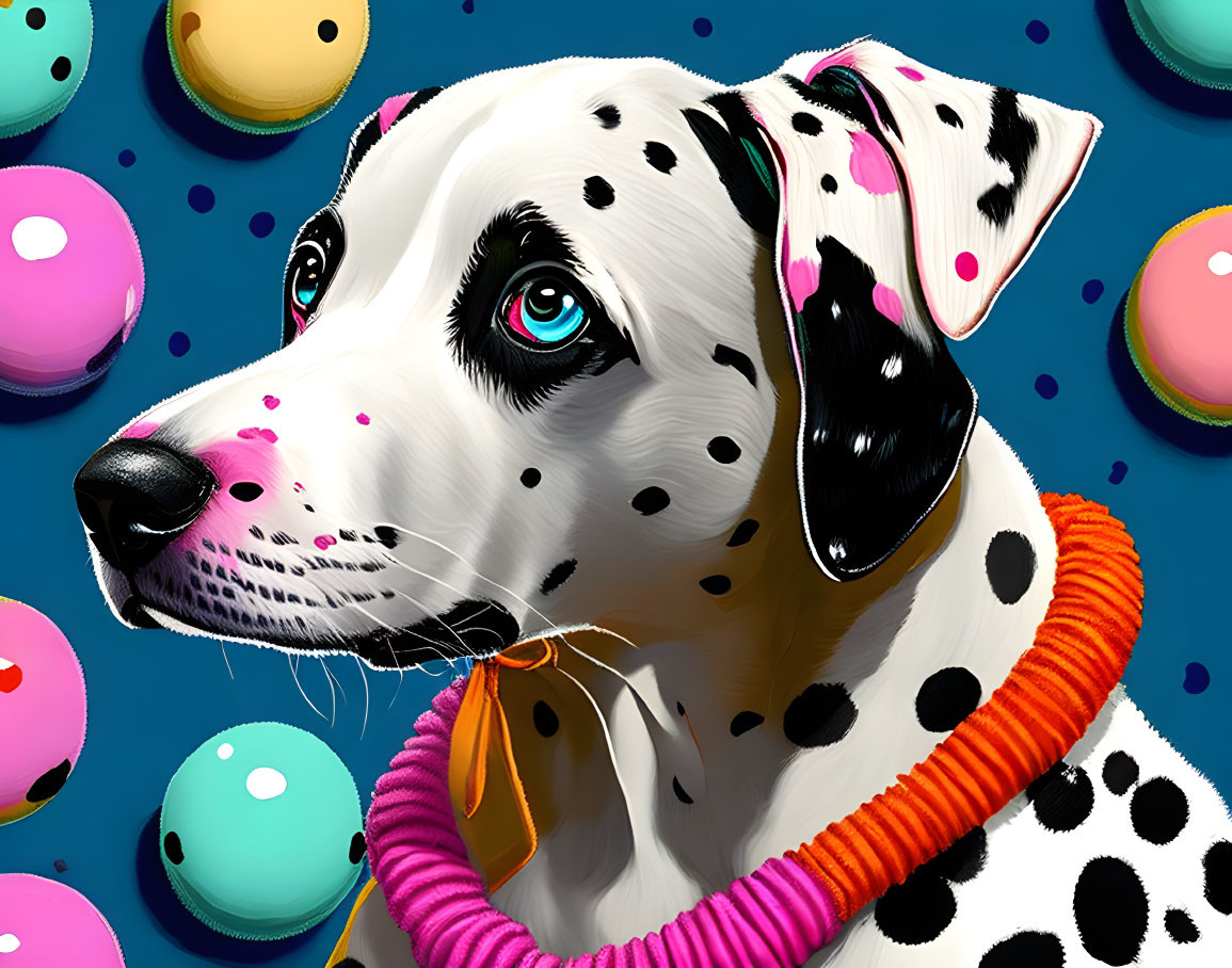 Colorful Dalmatian with pearl necklace among donuts on teal background