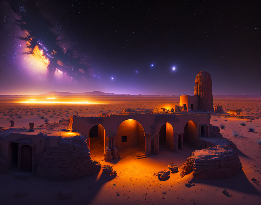 Ancient building under starry sky with glowing celestial event