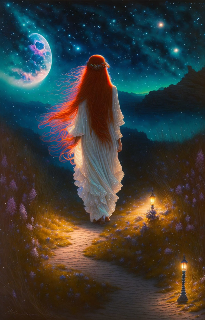 Red-haired woman in white dress under moonlit sky