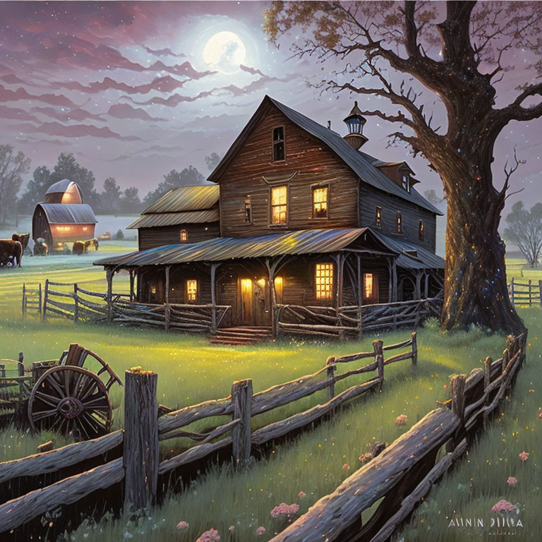 Rural farmhouse illustration at twilight with moonlit surroundings