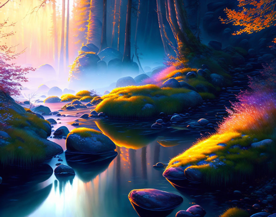 Vibrant blue and purple forest scene with glowing moss-covered rocks and serene river